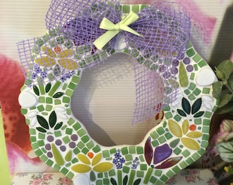 A handmade, mosaic Spring Wreath