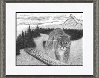 Cougar Art Drawing "On the Prowl", Pencil Drawing Animal Print, Gift for Brother, Mountain Lion Pencil Print, Terry Minter Art, 11 x 14