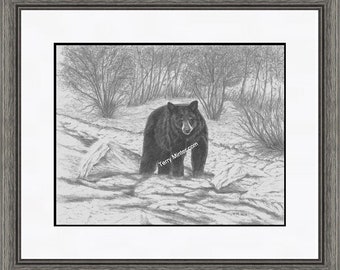 Graphite Pencil Black Bear Sketch Print "Fishing", 11" x 14" Pencil Print, Saskatchewan Wildlife Artist, Canadian Pencil Sketch, Bear Print