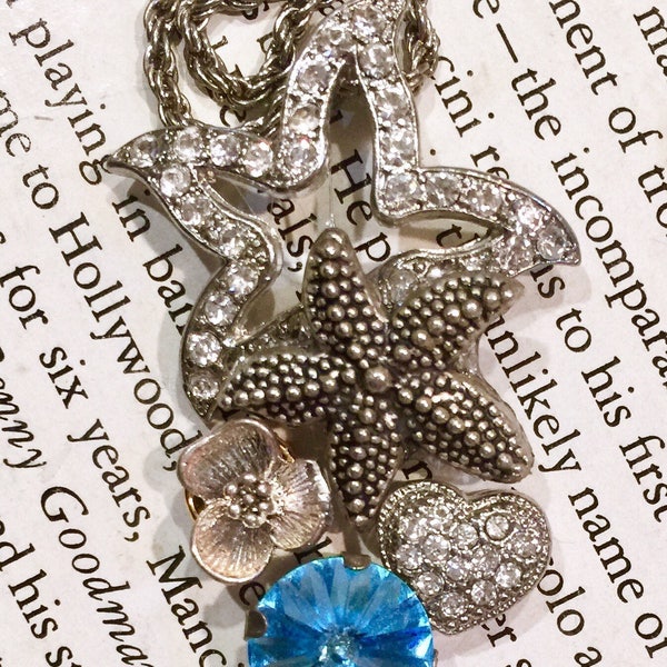 Crystal Cluster Necklace, Beautiful Rhinestone Pendant, Swarovski Elements, Starfish, Hearts, Chatons, Flowers, Silver Rope Chain, 18"