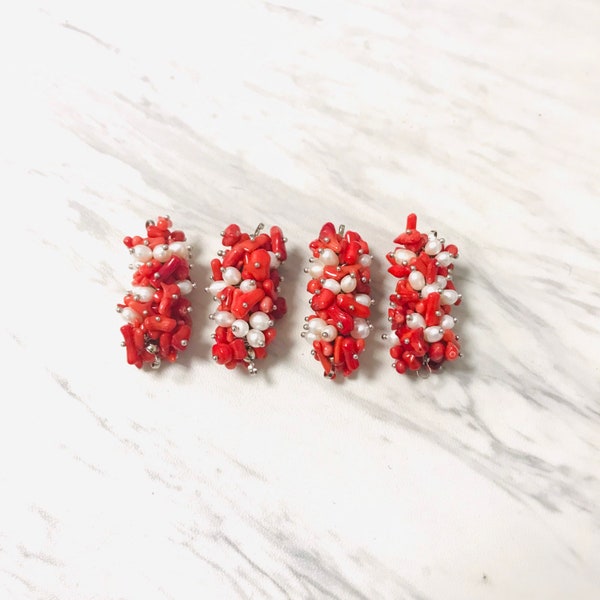 Red Coral Chips and Freshwater Pearls Cluster Connector