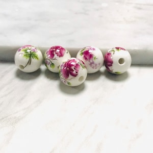 14mm Hand Painted Purple Flower Round Ceramic Bead-Purple Floral Ceramic Bead-5pc Pack