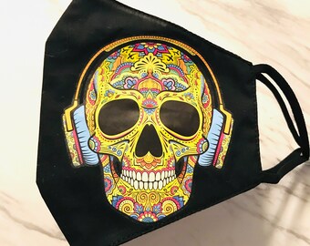 100% Cotton Skull Face Mask with Nose Wire,2 Layer,Filter Pocket,Washable,Reusable,Adjustable,Breathable,Face Cover,Fun Mask,Fashion Mask