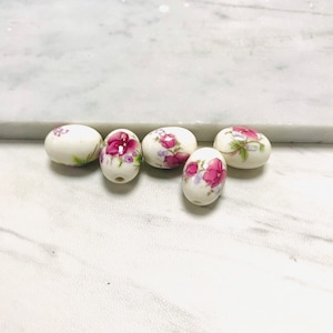Purple Floral Ceramic Oval Bead-5pcs Pack-Floral Ceramic Bead-Oval Flower Bead-Hand Painted Bead