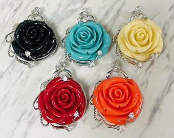 Clay Rose Flower Pendant-1 Pc-Polymer Clay Rose Charm-Floral Pendant for Jewelry Craft-DIY Necklace Supplies-Rose Craft Charm-5 Colors