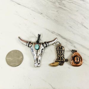 Western Charm & Pendant Set-Silver Longhorn Steer Skull with TQ, Antique Gold Cowboy Boots, and Copper Cowboy Hat Charm-3 Piece Set