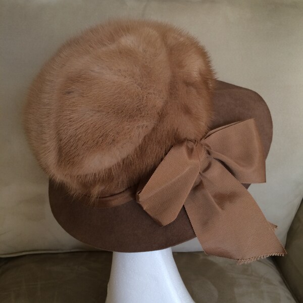 Vintage Brown / Taupe Wool Mink Fur Hat