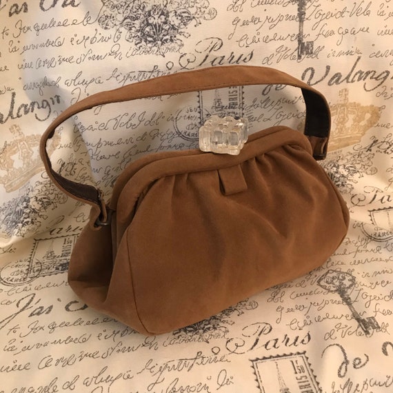 Vintage 1930-1940 Suede Handbag Clear Lucite Clasp