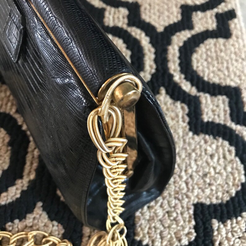 RENDL Original 1960 Vintage Black Leather Handbag Red Leather Lining Gold Tone Chain Strap