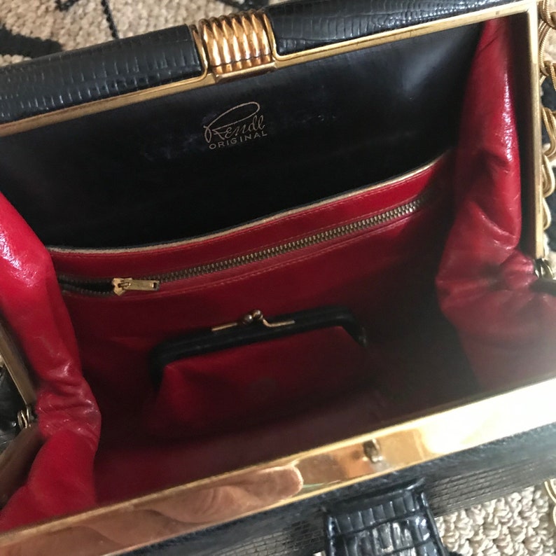 RENDL Original 1960 Vintage Black Leather Handbag Red Leather Lining Gold Tone Chain Strap