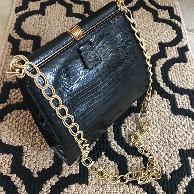 RENDL Original 1960 Vintage Black Leather Handbag Red Leather Lining Gold Tone Chain Strap