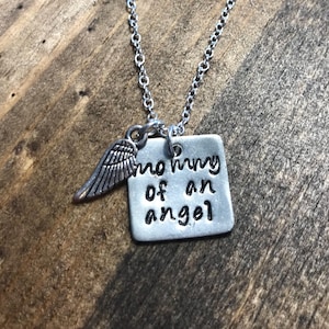 Custom Hand Stamped Remembrance Angel Wing Necklace, Mommy of an Angel, Miscarriage Necklace