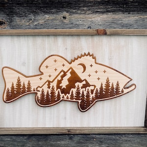 Tree and Mountain Engraved Bass Wall Art|Wooden Fish Wall Hanging|Wood Fished Framed Art|Large Mouth Bass|Fisherman Gift