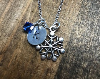 Custom Hand Stamped Snowflake Necklace with Birthstone, Frozen Necklace, Christmas Necklace