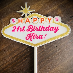 Handmade Vegas Birthday Cake Topper or Centerpiece Stakes|Slot Machine|Las Vegas, Casino|Pink & Orange Vegas Topper