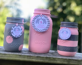 Baby Elephant Pink and gray Baby Shower Centerpieces Striped Polka Dot Pint and Quart Mason Jar, Baby Shower Centerpieces