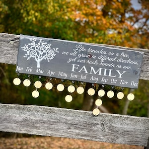Personalized Grey Family Tree Celebration Wall Hanging|Family Birthday Board|Celebration Sign|Birthday Anniversary Calendar|7.25x24&quot;