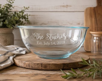 Personalized Glass Mixing Bowl | Custom Family Name Salad Bowl | Engraved Wedding Gift | Housewarming Gift | 4 Qt Serving Bowl