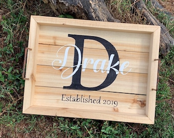 Bandeja de madera personalizada, bandeja de servicio rústico, bandeja de madera con asas, bandeja de madera, bandeja de madera con asas, regalos personalizados, bandeja otomana