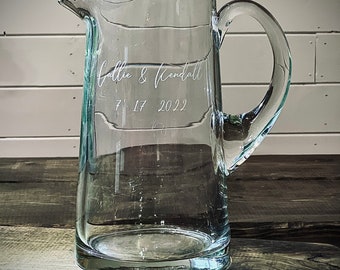 Wedding Glass Pitcher|Glass Lemonade Pitcher|Engraved Glass Pitcher|Engraved Couples Name Pitcher|Etched Glass Pitcher|Custom Serve-ware