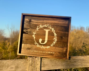 Custom Wood Ottoman Tray|Monogram Walnut Stained Wood Tray|Rustic Serving Tray|Wooden Oftoman Tray with Handles|Wood Tray Centerpiece|20x24