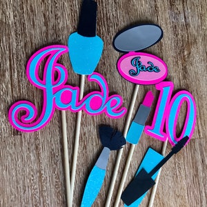 Custom Spa, Glam, Hot Pink Teal Make-Up Birthday Cupcake Toppers or Centerpiece Stakes, Makeover Birthday Party, Tween Birthday, Teen Party