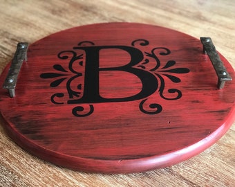 Bandeja de madera con tapa de barril redonda personalizada Lazy Susan, bandeja de servicio rústica, bandeja de madera con asas, bandeja de madera, regalos personalizados, bandeja otomana