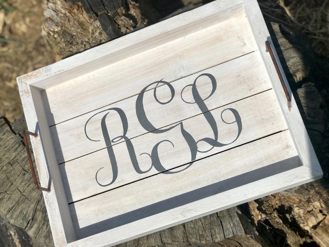 Custom Monogram White Washed Wood Tray Rustic Serving Tray, Gray Washed ...