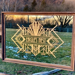 Art Deco Custom Laser Engraved Mirror | Geometric Design | 24x36 | Personalized Name & Est. Date