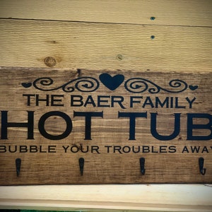 Personalized Distressed Hot Tub Towel Hook|Hanging Rustic Reclaimed Barnwood Sign|Hot Tub Sign|Name Hot Tub Towel Hanger|Outdoor Towel Rack