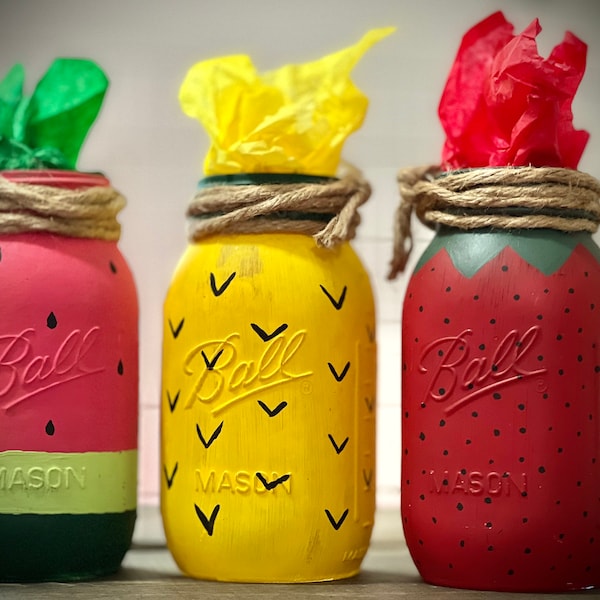 Fruit Themed Centerpieces|Strawberry Jar|Pineapple Centerpiece|Watermelon Party|Summer Picnic Table Decorations|Quart Mason Jar