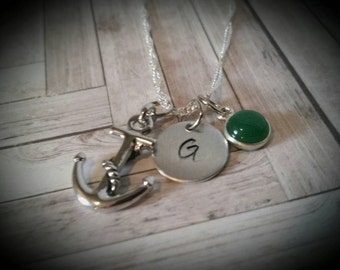 Custom Hand Stamped Nautical Anchor Necklace with Birthstone