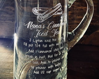 Personalized Engraved Glass Cinnamon Tea Pitcher|Glass Pitcher|Personalized Wedding Gift|Iced Tea Pitcher|Monogram Pitcher|Recipe Pitcher