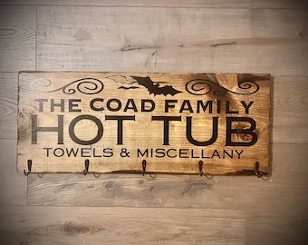 Personalized Distressed Hot Tub Towel Hook|Hanging Barnwood Sign|Hot Tub Sign|Name Hot Tub Towel Hanger|Outdoor Towel Rack|Jacuzzi Sign