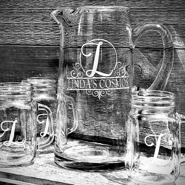 Personalized Custom Engraved Pitcher & Glass Set|Glass Lemonade Pitcher|Serving Set|Engraved Glasses|Wedding Gift|Bridal Shower Gift