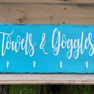 Hand Painted Towels and Goggles Sign with White Hooks|Farmhouse Towel Rack|Distressed Hanging Barnwood Hot Tub Sign|Pool Sign|Teal Farm Sign