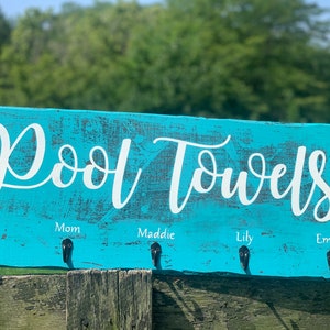 Hand Painted Pool Towels Sign|Farmhouse Towel Rack|Distressed Hanging Rustic Reclaimed Barnwood Hot Tub Sign|Pool Sign|Teal Farm Sign