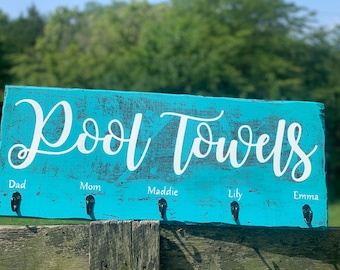 Hand Painted Pool Towels Sign|Farmhouse Towel Rack|Distressed Hanging Rustic Reclaimed Barnwood Hot Tub Sign|Pool Sign|Teal Farm Sign