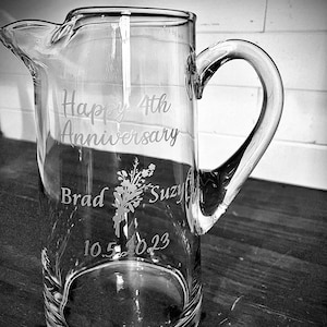 Flower Anniversary Glass Pitcher|Glass Lemonade Pitcher|Engraved Glass Pitcher|Anniversary  Pitcher|Etched Glass Pitcher|Custom Serveware