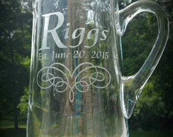 Personalized Engraved Name Pitcher with Heart|Glass Anniversary Gift|Name Wedding Gift|Custom Glassware|Glass Barware|Water Pitcher|Lemonade