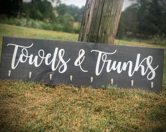 Hand Painted Rustic Grey Towel & Trunks Sign|Farmhouse Towel Rack|Distressed Hanging Rustic Barnwood Hot Tub Sign|Pool Sign|Towel Hook Sign
