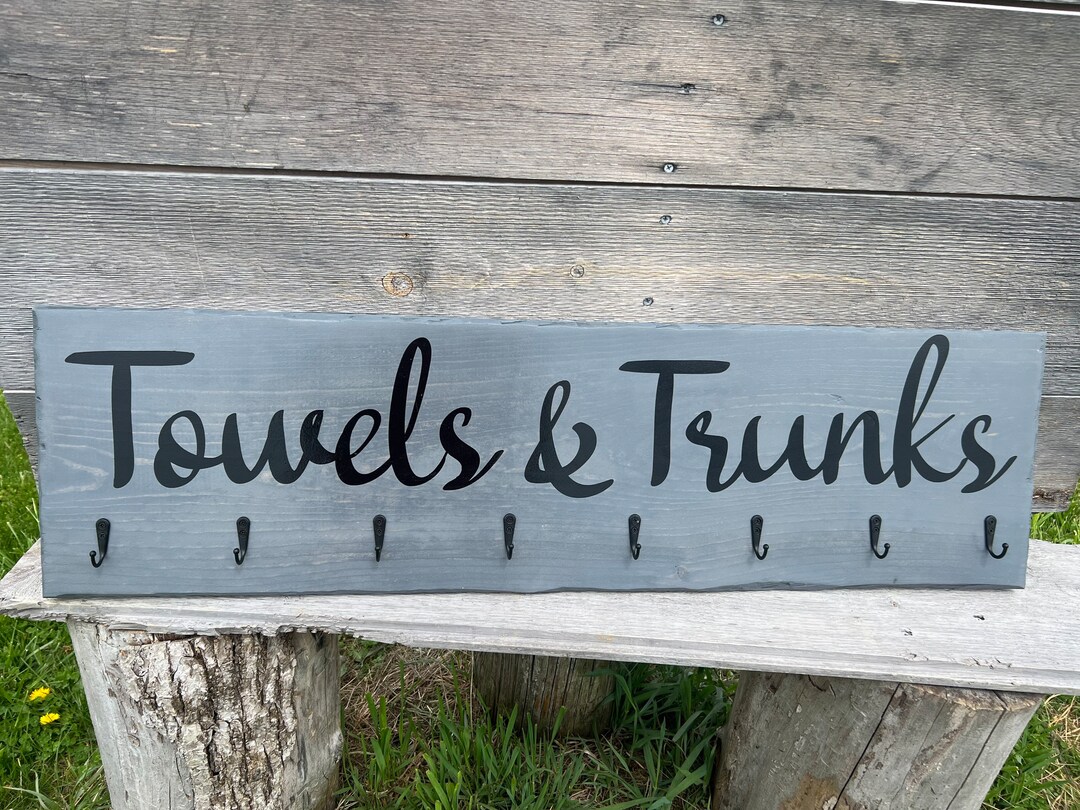 Hand Painted Rustic Grey Towel & Trunks Signfarmhouse Towel
