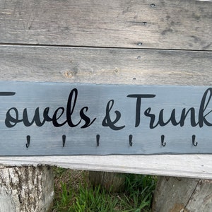 Hand Painted Rustic Grey Towel & Trunks Sign|Farmhouse Towel Rack|Distressed Hanging Rustic Barnwood Hot Tub Sign|Pool Sign|Towel Hook Sign