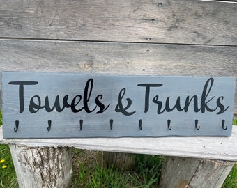 Hand Painted Rustic Grey Towel & Trunks Sign|Farmhouse Towel Rack|Distressed Hanging Rustic Barnwood Hot Tub Sign|Pool Sign|Towel Hook Sign
