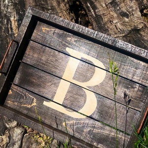 Custom Walnut Stained Wood Tray with Monogram|Distressed Rustic Serving Tray|Wooden Tray with Handles|Wood Tray|Distressed|Farmhouse Style