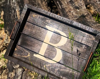 Custom Walnut Stained Wood Tray with Monogram|Distressed Rustic Serving Tray|Wooden Tray with Handles|Wood Tray|Distressed|Farmhouse Style