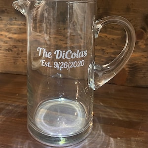 Engraved Wedding Name Glass Pitcher|Glass Lemonade Pitcher|Engraved Glass Pitcher|Engraved Couples Name Pitcher|Etched Glass Pitcher