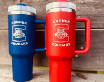 Vaso de 40 oz grabado con asa / [Nombre de su escuela/equipo] / Tapa a prueba de fugas / Taza para bebidas frías y calientes / Regalo personalizado