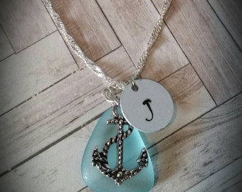 Custom Hand Stamped Nautical Anchor Necklace with Sea Glass