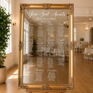 Wedding Seating Chart Mirror | Personalized Seating Chart | Elegant Wedding Mirror | Gold Framed Reception Sign | Custom Guest List Display image 1